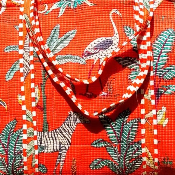 Reusable Quilted Cotton Tote Bag – Hand Screen-Printed Floral Design Orange - Picture 2 of 2